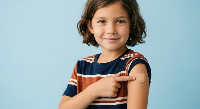 Cute little girl smiling and pointing at a medical adhesive bandage on her shoulder after vaccination or flu shot, isolated on blue background. Concept of pediatric healthcare and immunization.