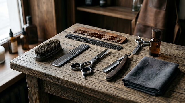 Vintage Barber Tools on Wooden Workbench.