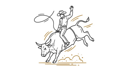 Obraz premium Professional Rodeo Athlete riding a bucking bull in a minimalist line art style on white background, perfect for sports branding, western event posters and apparel design