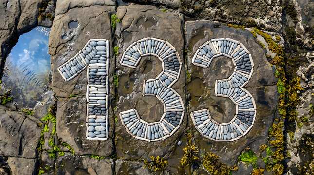 Natural weathered stone surface featuring the number one hundred thirty three etched into the rough textured geological formation with green moss and a reflective sky visible within a circular
