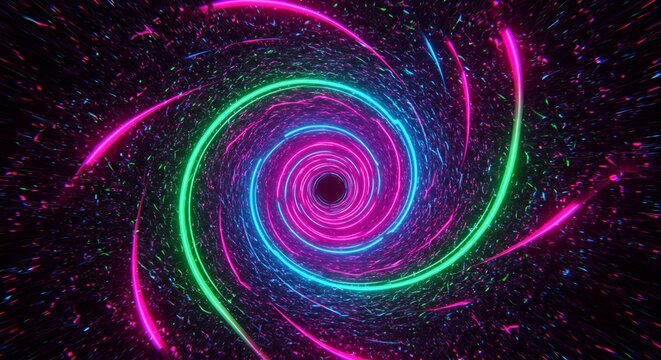 Neon Vortex of Cosmic Energy: A mesmerizing vortex of vibrant neon light streaks in a hypnotic spiral, creating an illusion of infinite depth and cosmic wonder.