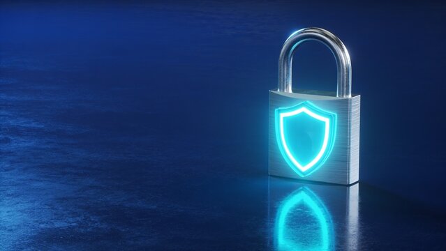 Glowing blue padlock with shield symbol on dark background representing cybersecurity