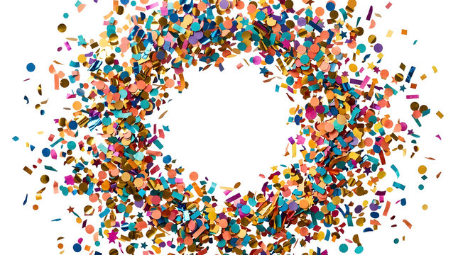 Multicolor paper confetti circles arranged in a circular ring formation representing joyous holiday celebrations and festive party atmosphere for birthday events or jubilant anniversary