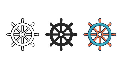 Ship Steering Wheel Icons in Outline, Solid, and Colorful Styles for Nautical Navigation, Marine Transport, and Sailing. © Ashraful 01