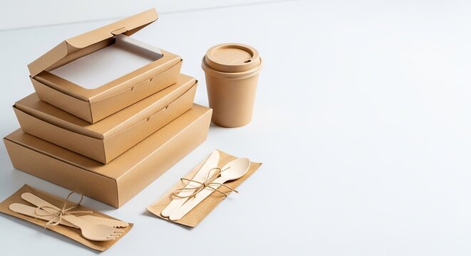 A stack of brown cardboard food containers sits on a white surface. The containers include a large box, a medium box, and a small box.