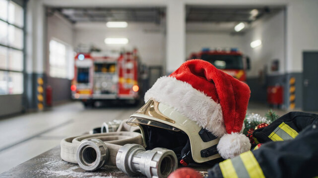 Festive firefighter equipment arranged in front of a red fire engine. Firefighter Helmet Wearing Santa Hat in Station