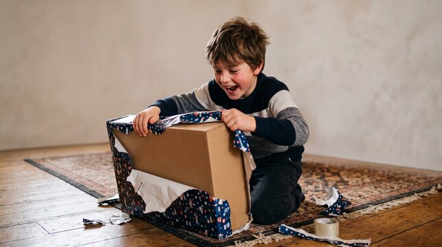 Excited young boy eagerly unwrapping a large cardboard box gift on a patterned rug indoors