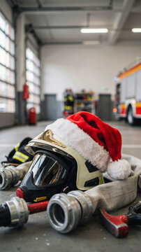 Festive firefighter equipment arranged in front of a red fire engine. Firefighter Helmet Wearing Santa Hat in Station