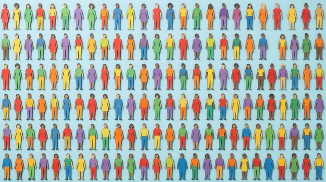 Flat lay of many different paper human figures on light blue background representing diversity and inclusion concept
