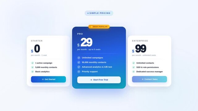 Modern software subscription pricing table design showcasing monthly service plans with clean blue interface elements in this digital motion animation