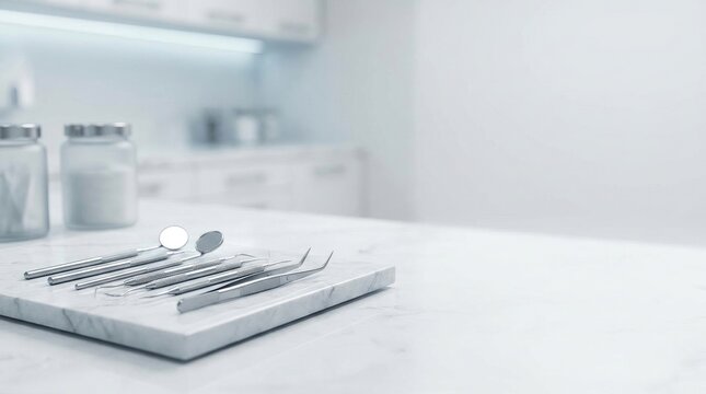 A marble countertop displays dental instruments, including a mirror, probes, and forceps. The instruments rest on a gray slate tray.