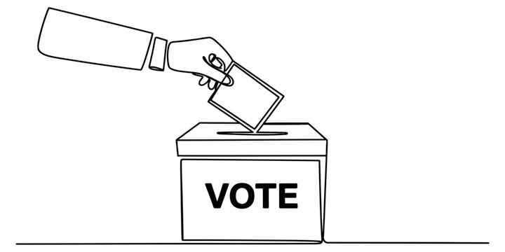 Hand putting a ballot paper into a voting box continuous line drawing