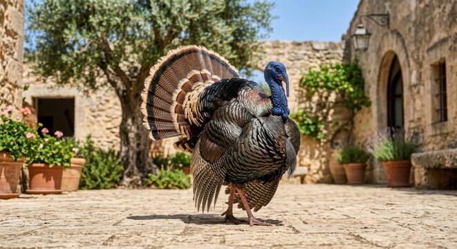 Magnificent Male Wild Turkey Strutting with Tail Feathers Fanned Out in a Beautiful Rustic Stone Courtyard with Olive Trees and Potted Plants, Rural Mediterranean Village Farm Animal Scene
