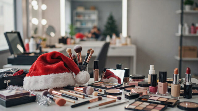 New Year makeup workspace with beauty products and professional makeup brushes. Christmas makeup brushes and cosmetics on vanity table