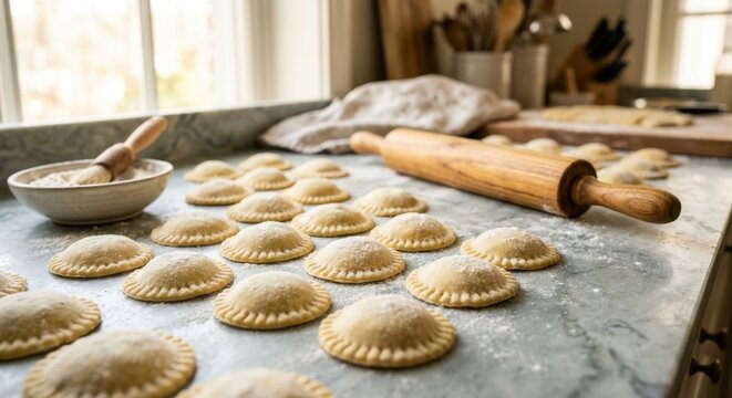 Freshly made homemade ravioli pasta arranged neatly in rows on a marble kitchen countertop with a wooden rolling pin and flour bowl, illuminated by soft natural light from a nearby window.