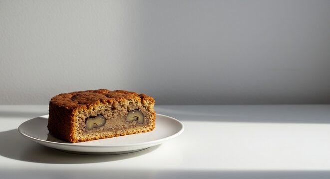 Nutty Delight on a Plate: A slice of rich, moist cake studded with walnuts sits on a simple white plate, bathed in the soft, directional light of a window, creating a serene and inviting still life.