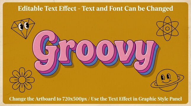 Retro Groovy Text Effect with Pink Layered Typography and Vintage Cartoon Icons on Mustard Yellow Background