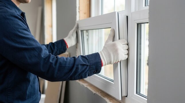 Closeup view of a worker installing a plastic window indoors