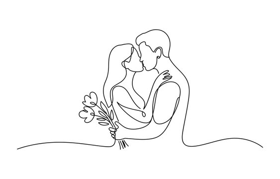 Continuous single line art of a romantic couple kissing while holding a bouquet of flowers representing love and affection in a minimalist modern style