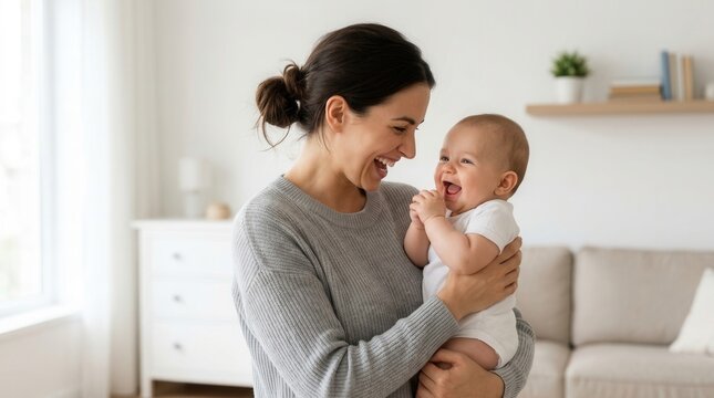 Happy young mother with her cute baby at home