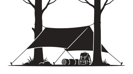 Minimalist camping scene under trees with tent and backpack for outdoor adventure travel posters or eco-friendly © MJahangir
