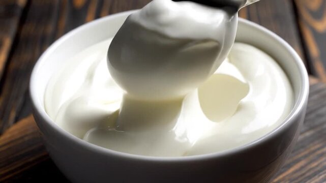 Fresh Creamy Greek Yogurt in White Bowl with Metal Spoon, Close Up Studio Shot on Rustic Wooden Table