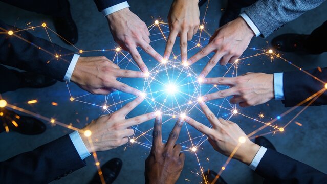 Diverse business team joining hands over glowing digital network representing unity and collaboration