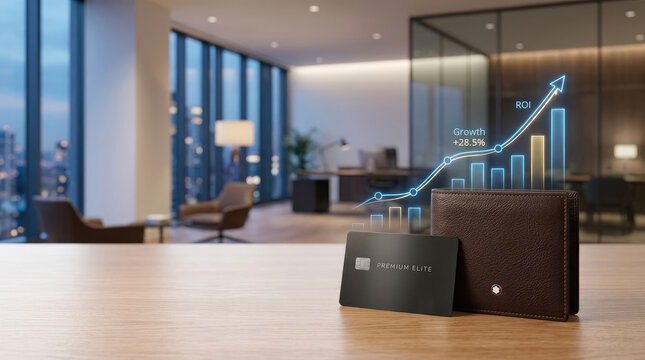 A premium leather wallet rests on a wooden desk in a modern office. A graph illustrates a significant growth rate of +28.