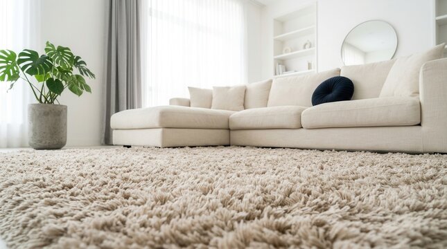 Low angle view of stylish furniture and a fluffy carpet on the floor indoors.