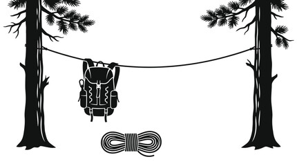 Black and white camping backpack hanging between trees for outdoor adventure themed greeting cards or travel posters © MJahangir