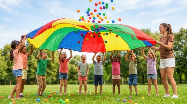 Teacher and group of children playing with rainbow playground parachute on green grass during summer camp activity.