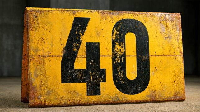 A large safety countdown board displays the number 40 at a construction site. The board uses industrial typography and stands on a concrete surface.