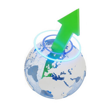 Green upward arrow on world map