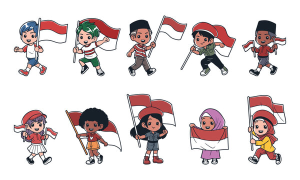 Character kids with indonesian flag vector graphic collection