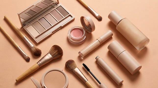 Set of professional makeup brushes and cosmetic products on a soft beige background. simple makeup tutorial
