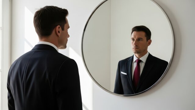 Businessman looking in mirror seeing confident reflection