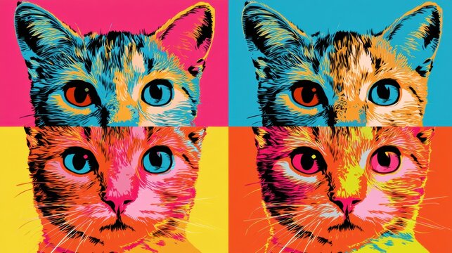 Illustration shows a cat face repeated in a grid. Each section has different vibrant colors and bold lines.