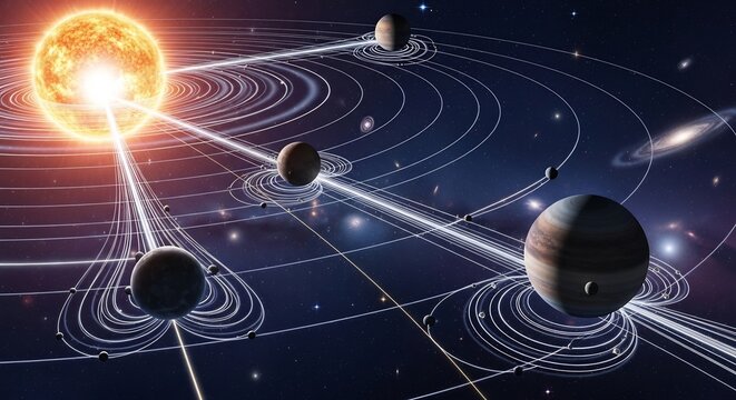 Solar System Galaxy: A stunning illustration depicting a star's gravitational pull on its orbiting celestial bodies, representing the vastness and beauty of our solar system and the cosmos.
