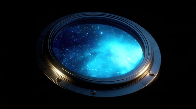 porthole. A round porthole window framing a brilliant starfield in deep space. STEM education sheets, lab safety posters, designed for STEM education and laboratory safety posters.