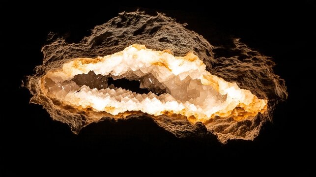 buried. Raw crystal geode in earth refracting sharp light on dark background. STEM education sheets, lab safety posters, designed for biotech research communications, supports STEM education.