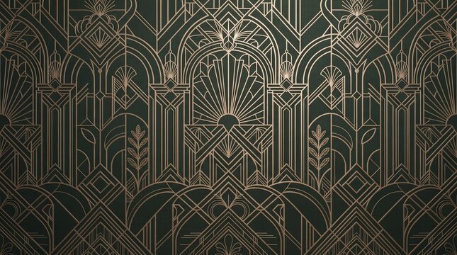 Elegant art deco luxury background featuring geometric gold patterns on a dark green textured surface