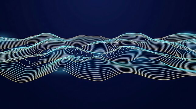 Terrain waves of fine glowing lines in teal and gold on dark