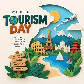 World tourism day poster featuring 3D paper craft style global landmarks airplane and ocean beach landscape vacation airplane papercraft landmarks monument