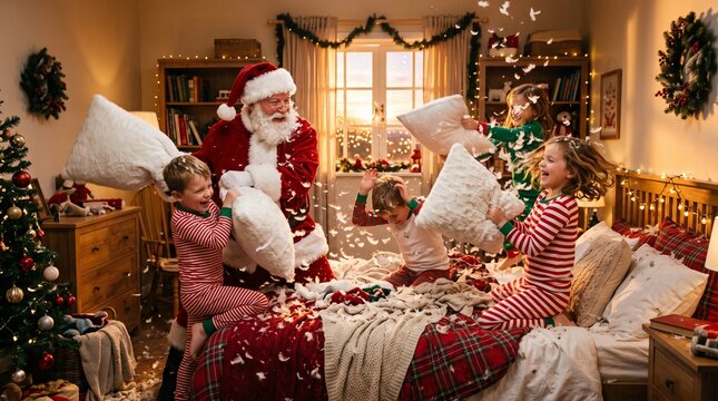 Santa Claus joins children in a chaotic pillow fight on a bed during Christmas morning, feathers flying everywhere