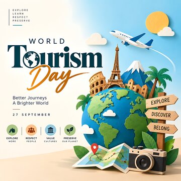 World tourism day 3D illustration with globe landmarks plane signpost and camera on soft blue background vacation airplane landmarks signpost adventure