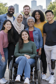 Diverse group of people smiling including disability representation outdoor setting