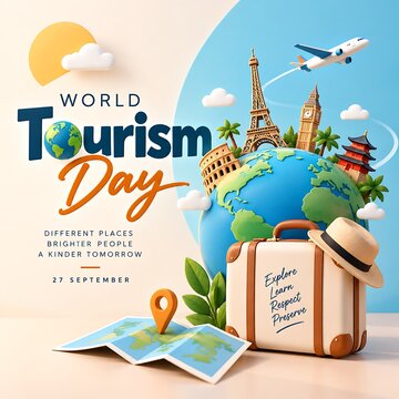 World tourism day 3D concept with globe international landmarks airplane suitcase and map vacation airplane suitcase landmarks location adventure