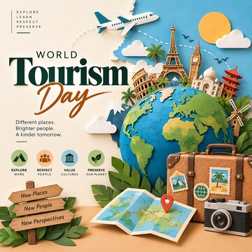 World tourism day conceptual paper craft illustration with globe landmarks travel suitcase and map landmark suitcase vacation international adventure
