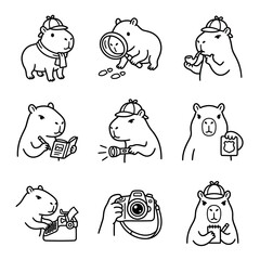 Obraz premium Cute Capybara Detective Illustrations Set: Magnifying Glass, Camera, Typewriter