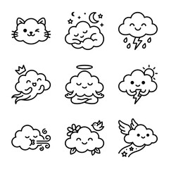 Obraz premium Cute Cloud Icons: Kawaii Characters, Weather, Emotions, and Nature
